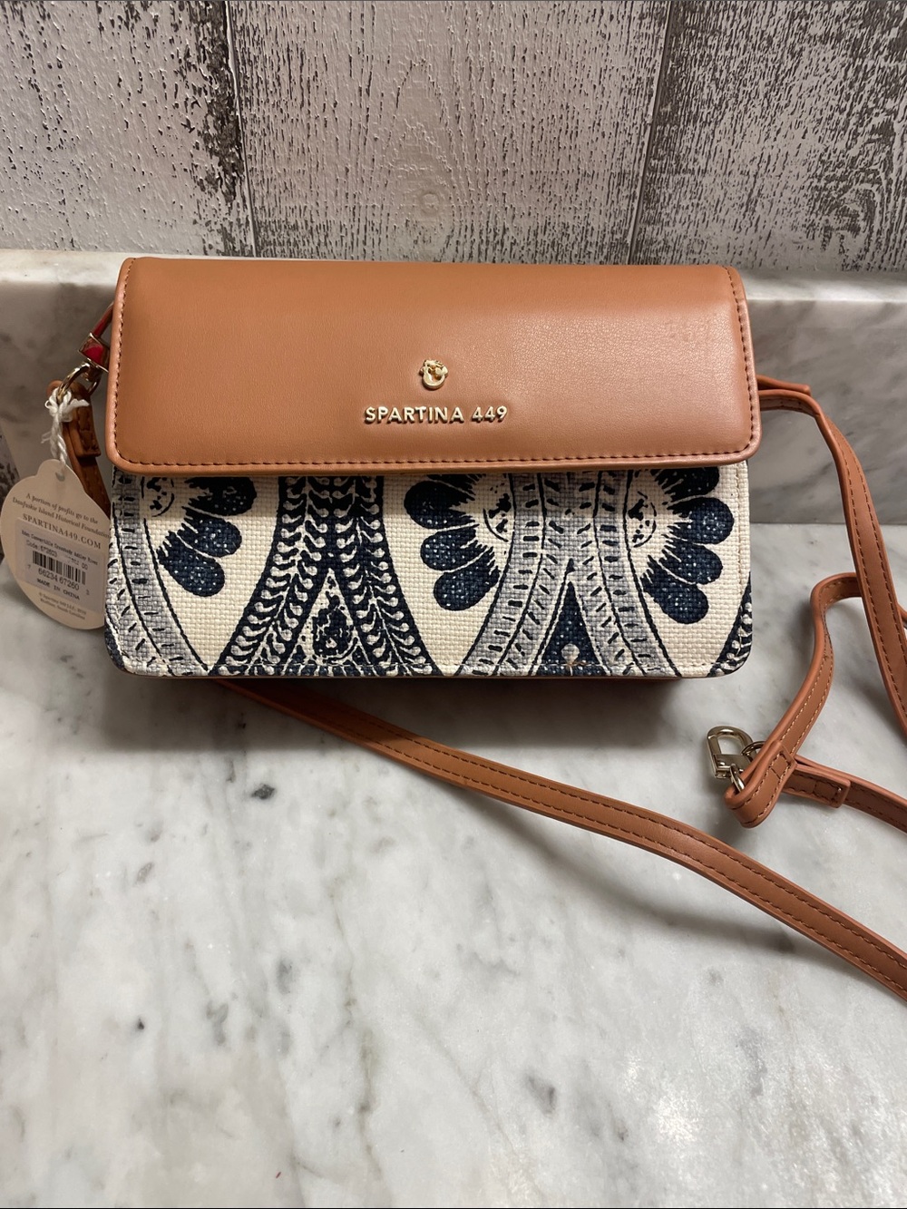 Spartina 449 Tan Leather and Navy Floral Crossbody
